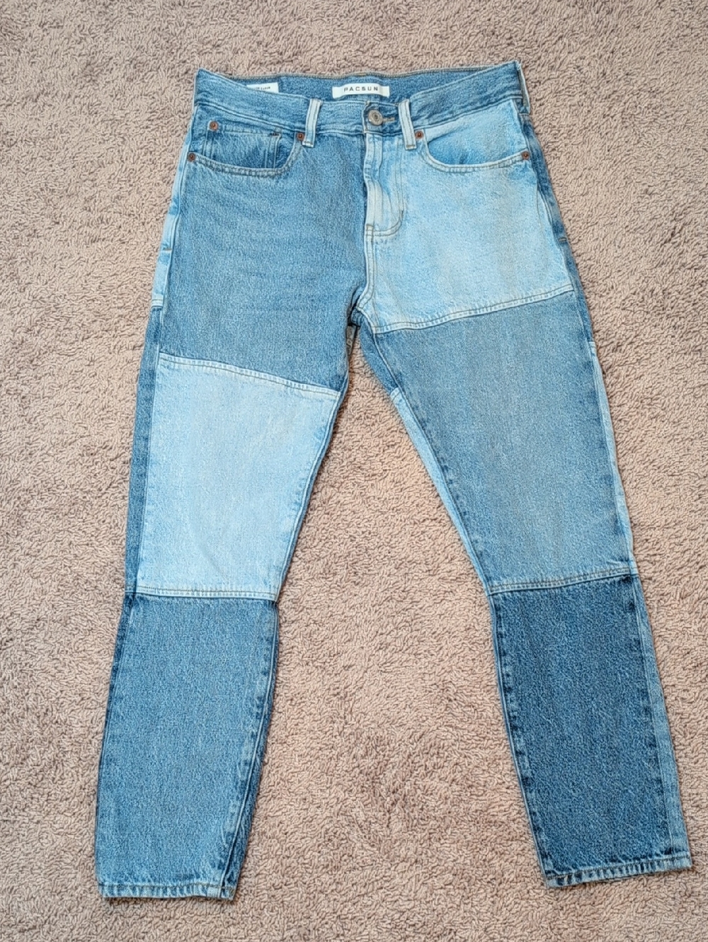 Patchwork Slim Taper Jeans in Light Blue with Gold Stitching - 29x30